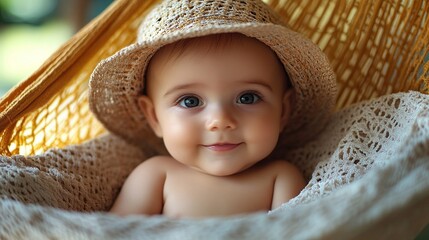 the baby is lying in rocking hammock during warm summer day