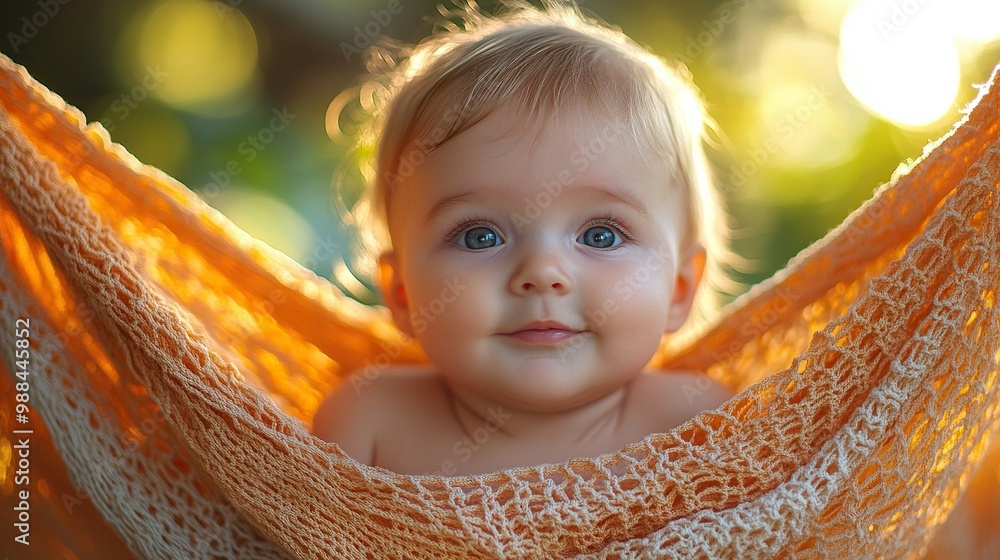 Wall mural the baby is lying in rocking hammock during warm summer day