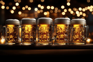 Different Beer Mugs with Foamy Beer.