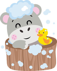 Happy hippo taking a bath in wooden tub