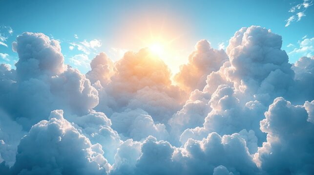  sky with dramatic thunderclouds and fluffy cumulus clouds against a blue summer backdrop. Sunlight breaks through, creating a stunning contrast in this dynamic weather scene