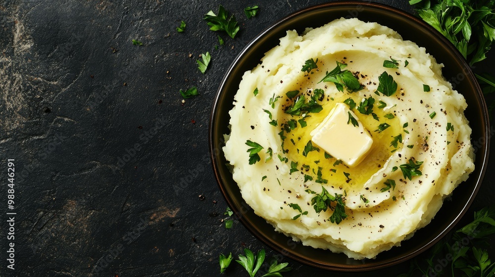 Poster mashed potatoes topped with butter and parsley, viewed from above, with ample room for copy space ar