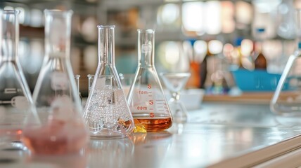 Detailed shots of chemistry lab tables with various glassware and colorful liquids