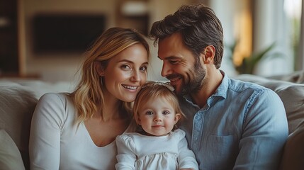 Obraz premium top view of family with small daughter sitting on sof in their new home young family buying first house big milestone, home ownership concept