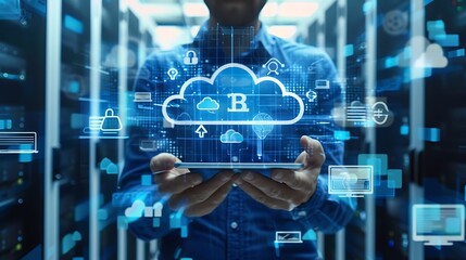 Man in a data center holds a tablet with a cloud and a bitcoin symbol, representing the concept of blockchain and cryptocurrency in cloud computing.