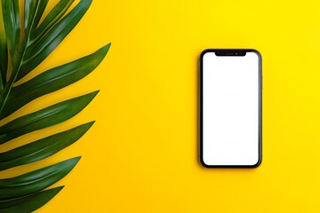 Blank Smartphone Screen With Green Leaf On Yellow Background