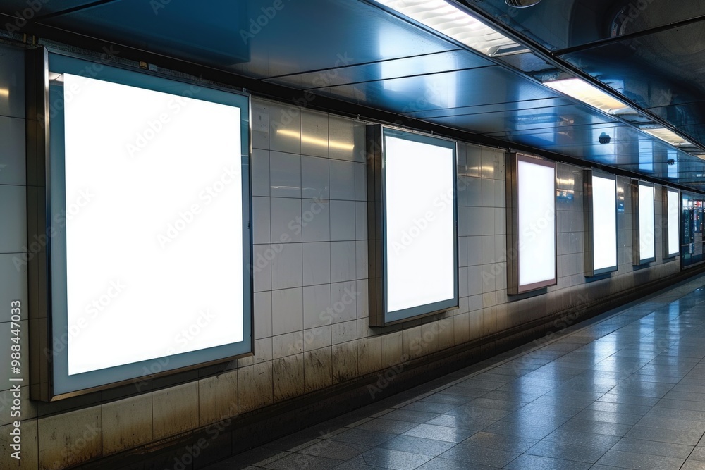Poster a vacant subway platform with empty billboards, suitable for use in urban or modern themed projects