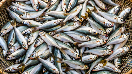 Obraz premium Top view of numerous small gray fishes caught in a fishing net, fishing, concept, net, caught, marine life, seafood