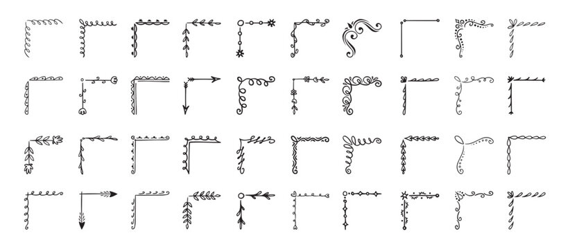 Doodle hand drawn corner border set with different shapes. Flourish, flower decoration. Isolated vector illustration for wedding, greeting banner design. sketch style Corners drawn by brush, pen.