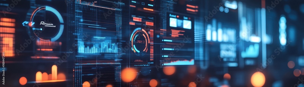 Poster futuristic digital display panel with vibrant data visualizations