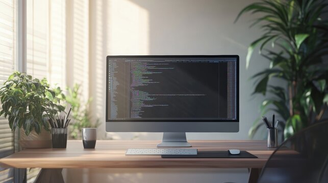 Modern home office setup with a desktop computer displaying code on screen, surrounded by plants, ideal for content related to coding and productivity