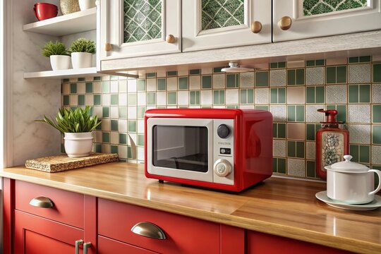 A chic red microwave oven adds a pop of color to the traditional kitchen, nestled among white cabinets