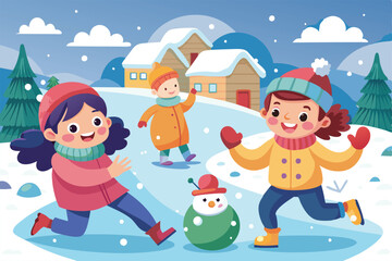 Naklejka premium Kids are happily playing in the snow, building a snowman and enjoying the winter weather in a picturesque snowy landscape.