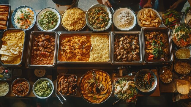Top view of a buffet at a South Asian restaurant, no people, with plenty of copy space.