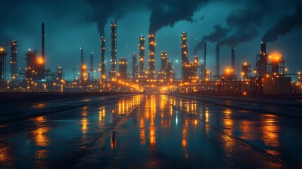 Fototapeta premium Industrial Factory at Night with Smoke and Lights Generative AI