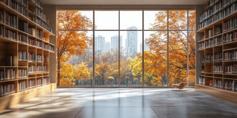 Modern library interior, expansive windows inviting natural light, softly blurred urban skyline creating a serene reading atmosphere