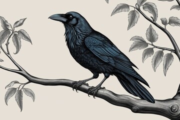 Whimsical Limb Engraving of an Enchanting Crow Illustration