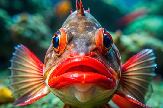 A close-up capture of a red-lipped batfish reveals its striking features, including bright red lips and fins, against