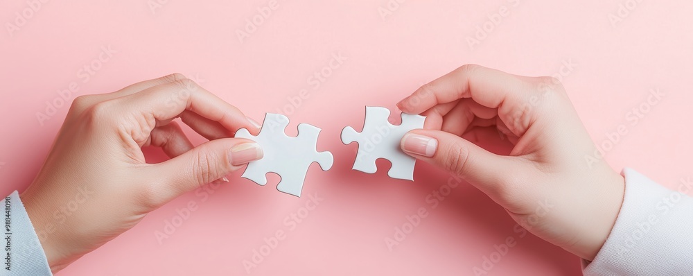 Poster a pair of hands holding two puzzle pieces, poised to fit them together. the soft pink background cre