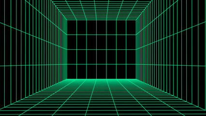 3D wireframe room on green background. Abstract perspective grid. Vector illustration.