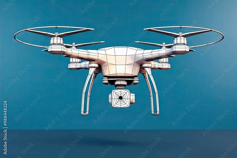 Poster stylized low polygon drone camera wireframe on cyan background for surveillance applications