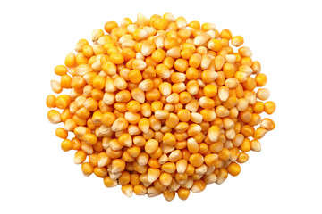 A close-up view of a pile of yellow popcorn kernels, perfectly round and ready to pop, highlighting their bright, sunny hue, on a transparent background