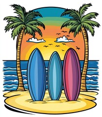 Three surfboards stand on a sandy beach with palm trees and an ocean sunset in the background.