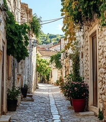 Fototapeta premium Cobblestone Alleyway in a Picturesque European Town