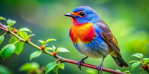 A colorful songbird perches peacefully on a sturdy branch, its feathers a kaleidoscope of hues, set against the