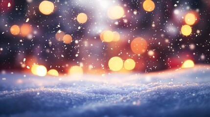 Obraz premium Winter background featuring gently falling snow and a soft blurred bokeh effect, perfect for a Merry Christmas and Happy New Year greeting card, with ample copy-space