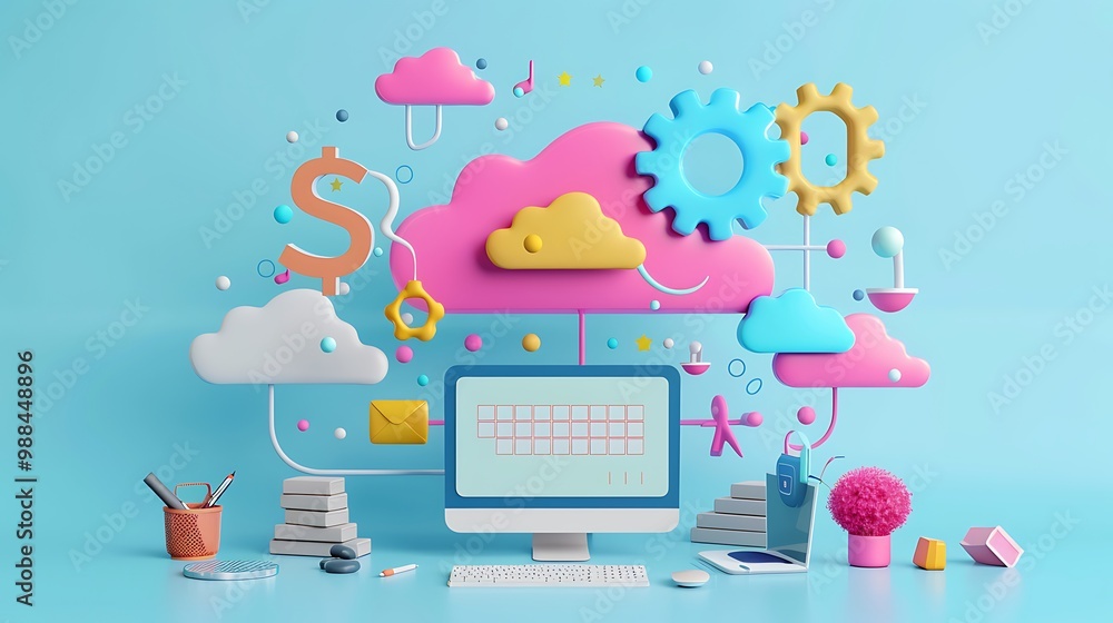 Poster 3d illustration depicting cloud computing and digital technology with various elements symbolizing t