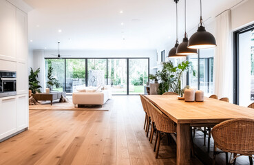 Modern open-plan dining room and living space with large windows and natural light in a stylish home - Powered by Adobe