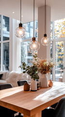 Bright and inviting living space featuring modern pendant lights and elegant floral arrangements during daylight hours