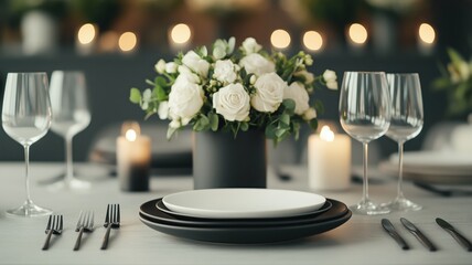 Elegant dining table set with a beautiful floral centerpiece, candlelight ambiance, and stylish dinnerware, perfect for creating a warm and inviting atmosphere.