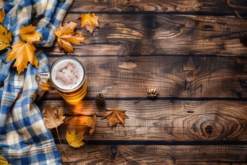 A mug of beer sitting on a wooden table, perfect for a rustic or vintage-themed setting