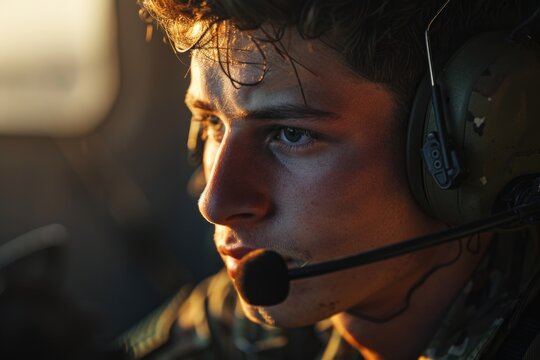 A close-up view of a person wearing a headset