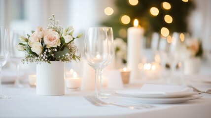 Elegant table setting featuring a floral centerpiece, candlelight ambiance, and soft decorations. Ideal for weddings, celebrations, and romantic dinners.