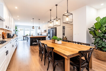 Spacious modern kitchen and dining area showcasing wooden furniture and greenery in a bright, welcoming home setting