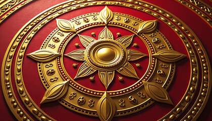 Fototapeta premium Mandala design in luxurious gold and red featuring Hindu religious symbols and sacred geometry for a festive theme.