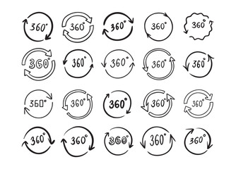 Doodle 360 degree. Hand drawn outline style set