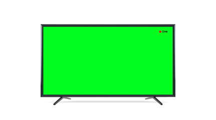 Realistic mock up LCD Television with live sign, green screen display, isolated on white background.