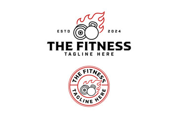 kettlebell, barbell plate with flame outline badge logo design set for gym fitness sport. barbell plate, kettlebell with fire  illustration logo template for bodybuilding, weightlifting club