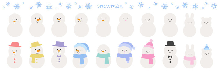 雪だるまと雪の結晶のベクターイラストセット。冬、アイコン、ゆきだるま