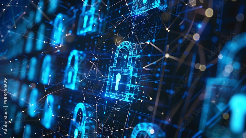 Poster digital security network with blue padlocks, representing data protection and cyber security.