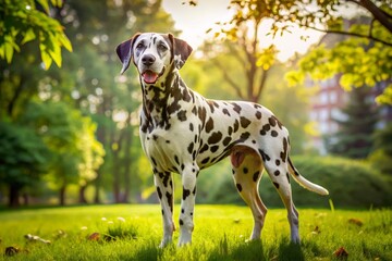 A Dalmatian with black spots frolics in a beautiful park, dancing amidst lush greenery, its coat shining in
