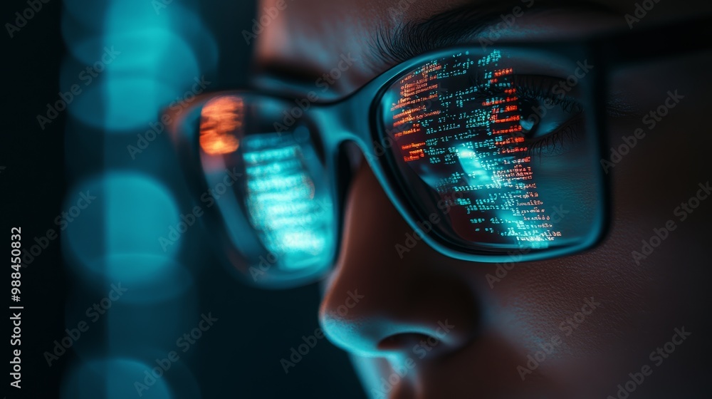 Fototapete Focused programmer with coding reflected in glasses, looking at the screen. Software development and programming concept.