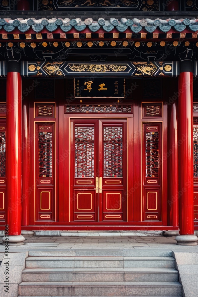 Aufkleber a single-story building with a bright red door and steps, suitable for use in architecture, real est