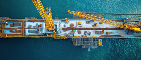 Aerial view of a construction platform featuring cranes and materials ready for offshore work in the ocean.