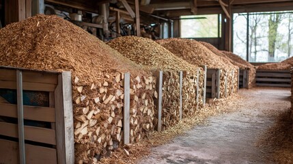 a lot of wood chips is storage at saw mill 