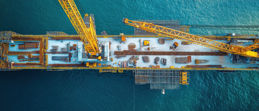 Aerial view of a construction platform featuring cranes and materials ready for offshore work in the ocean.